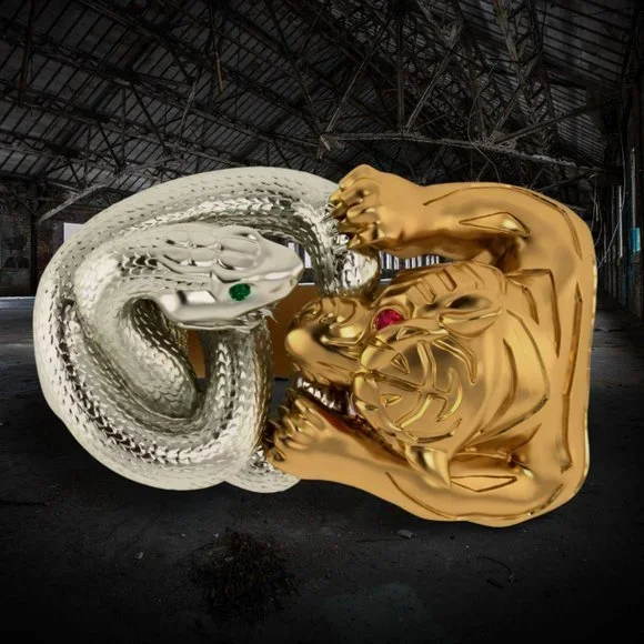 3D Retro Gold Tiger Silver Snake Fighting Animal Bohemia Ring - Picture 7 of 10